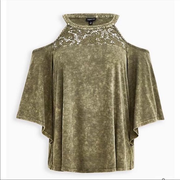 Torrid Crochet Cold Shoulder Top Mineral Wash Olive Size 1 H - Picture 3 of 6